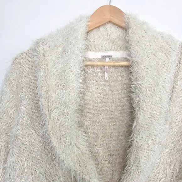 Free People Mina Fuzzy Sequin Tie Front Cardigan Cream Ivory Size Large - Picture 4 of 9